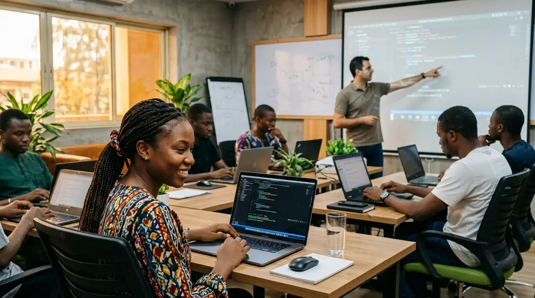 Students learning to code in a live ICT Trainings class in Lagos